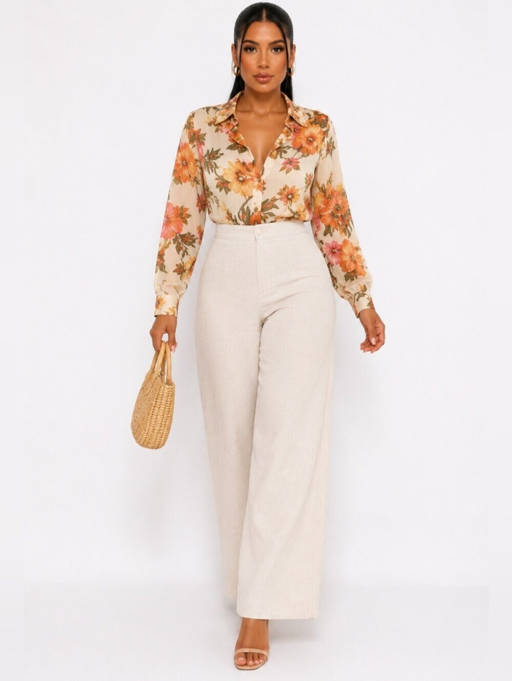 H&M Linen Blend Wide Leg High Rise Pants – Beige, Women's. Size 2.
